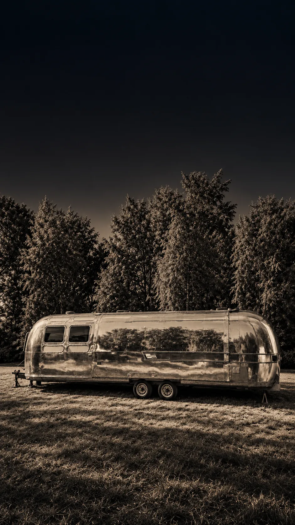 La caravane Airstream VIBRIA en journée, posée dans un parc